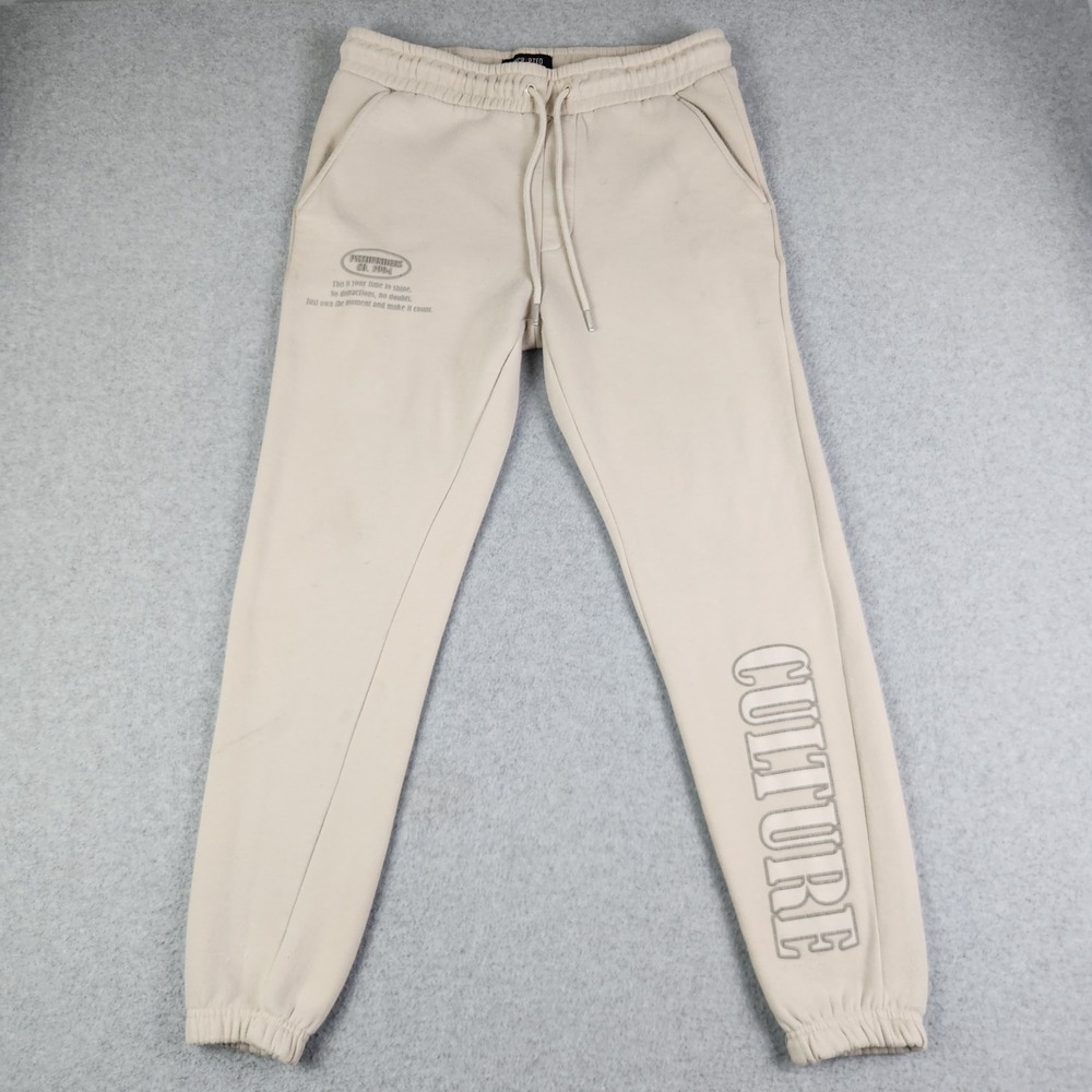 Encrypted Joggers Pants Mens M Beige Culture Pathfinders Fleece Lined Drawstring